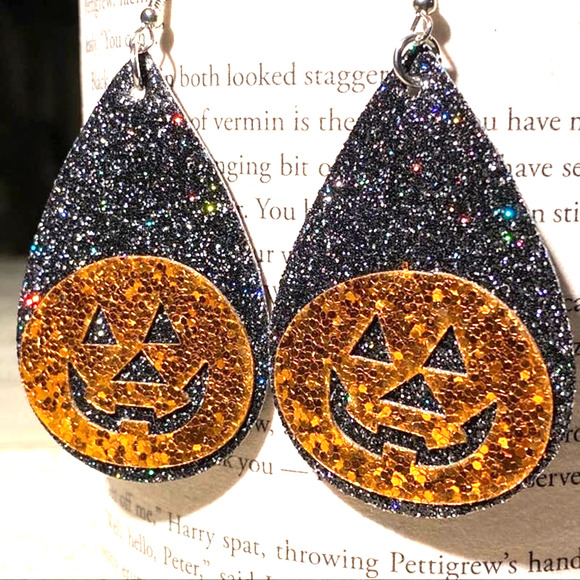 Boutique Jewelry - Glitter Pumpkin Earrings Black Orange Halloween Earrings Jack O Lantern 3/$15